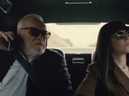 Logan and Kerry in a limousine from Succession