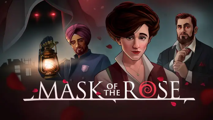 Mask of the Rose in front of a sikh man wearing a turban, a red eyed cloaked figure, a brown haired woman, and a red eyed man