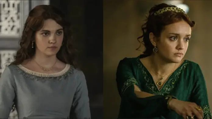 Two images side by side of the character of Alicent Hightower from House of the Dragon. On the left, a teenage girl with flowing brown hair in a blue dress, looking somber. On the right, a woman in her thirties with her brown hair done up with a thin golden crown. She wears a green dress and looks concerned.