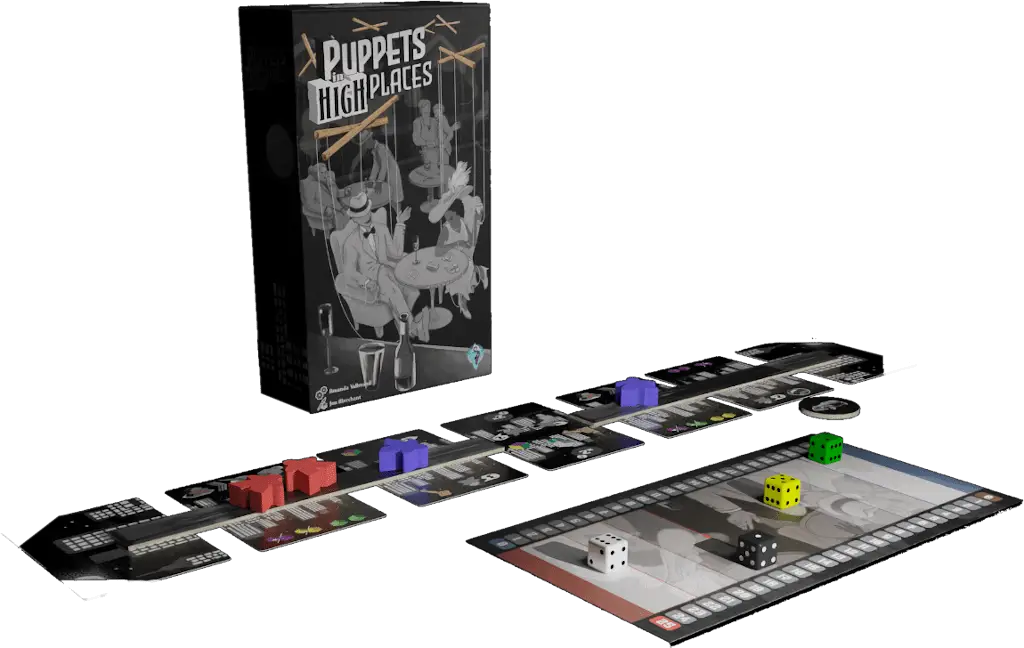 Puppets in High Places box, the game board laid out, and four dice on the speakeasy board.