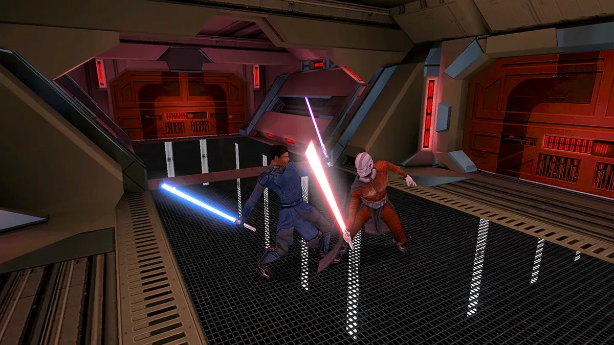 Darth Malak battles the playable character revealed to be Revan in Star Wars: Knights of the Old Republic.