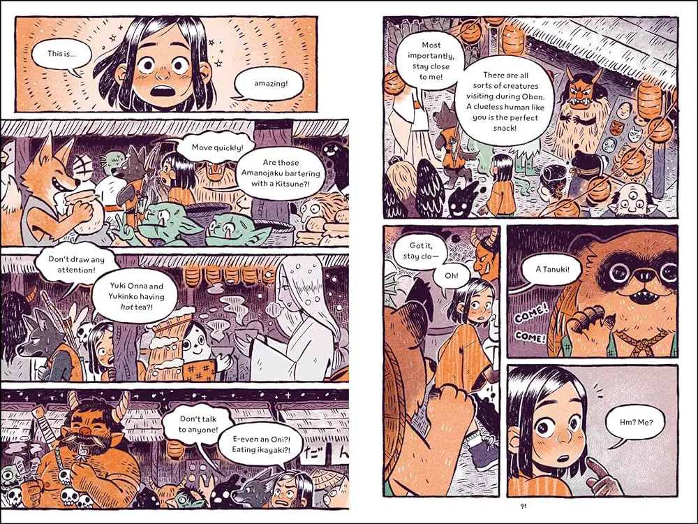 two pages of panels from Anzu and the Realm of Darkness, showing her surprised at seeing mythical creatures