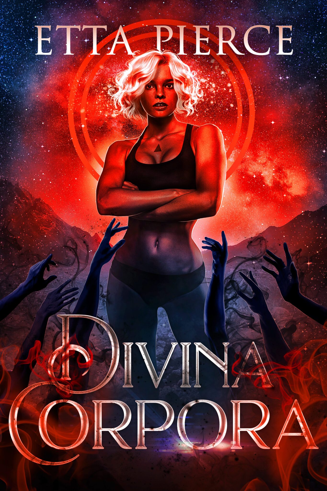 a redskinned woman with pink hair standing with arms reaching towards her, the cover for divina corpora 