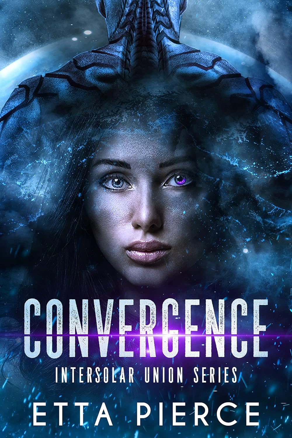 cover of convergence with a brunette haired woman looking forward and a blue alien man behind her looking back