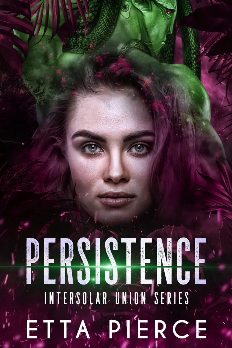 a red headed woman on the cover of persistence, back to back with a green alien who has snake like hair
