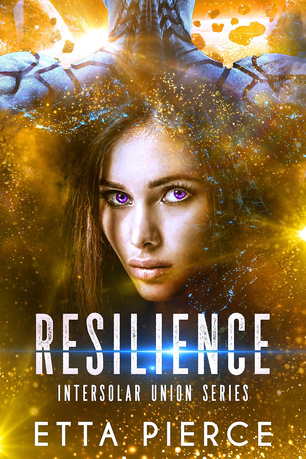 cover of etta pierce resilience with a brunette haired woman looking forward and an alien man behind her looking back