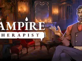 Vampire Therapist in front of a room with a couch and a vampire wearing a vest, long sleeve dress shirt, slacks, and a tie.