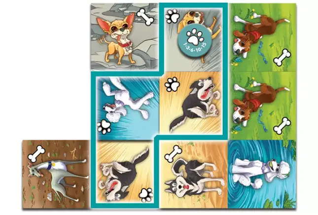 five tiles placed together in zoomies with a blue outline showing the four dogs with the zoomies icon for scoring