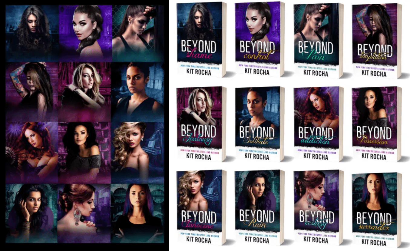 covers of the beyond series by kit rocha with diverse women 