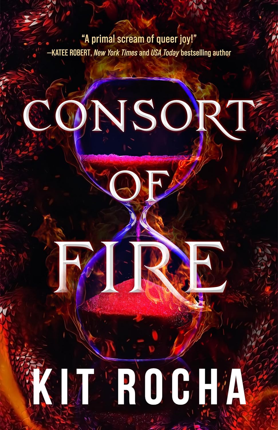 Consort of Fire book cover with an hourglass on a red skaled background 