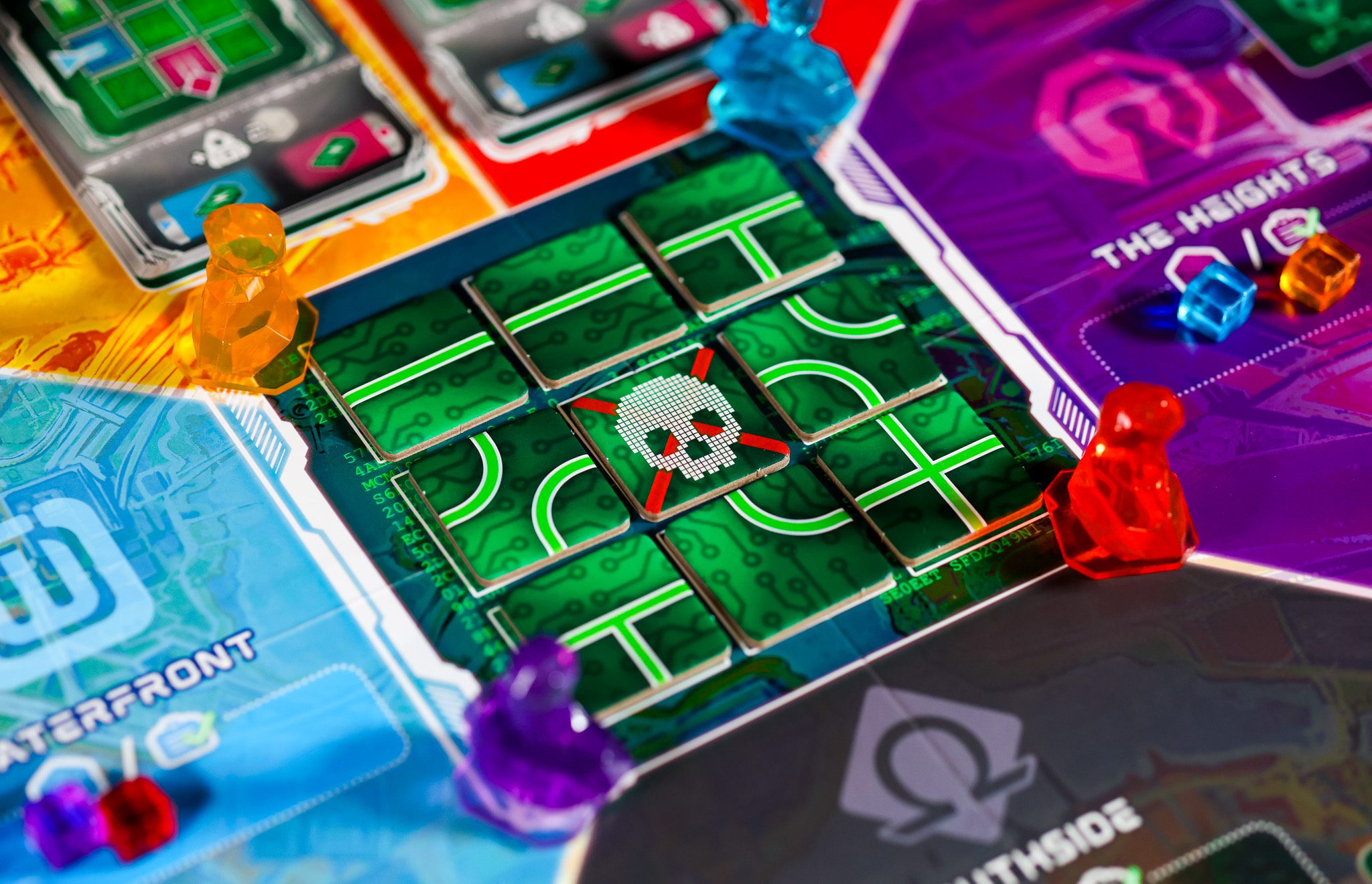 nine green tiles with lime green lines with a tile in the middle with a skull and red x behind the skull on the metrorunner board