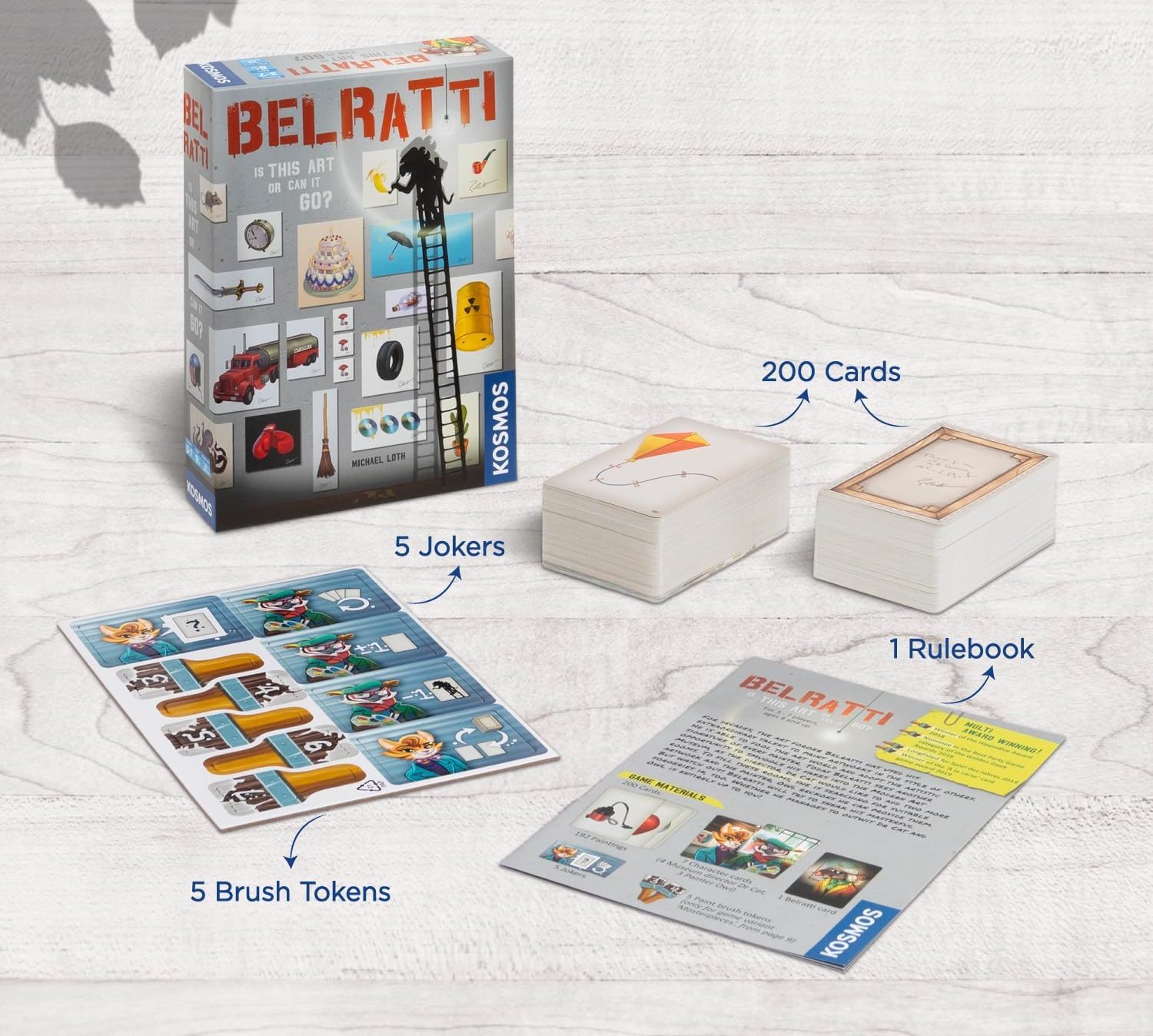 belratti box with the brush and joker tokens, cards split up, and rulebook