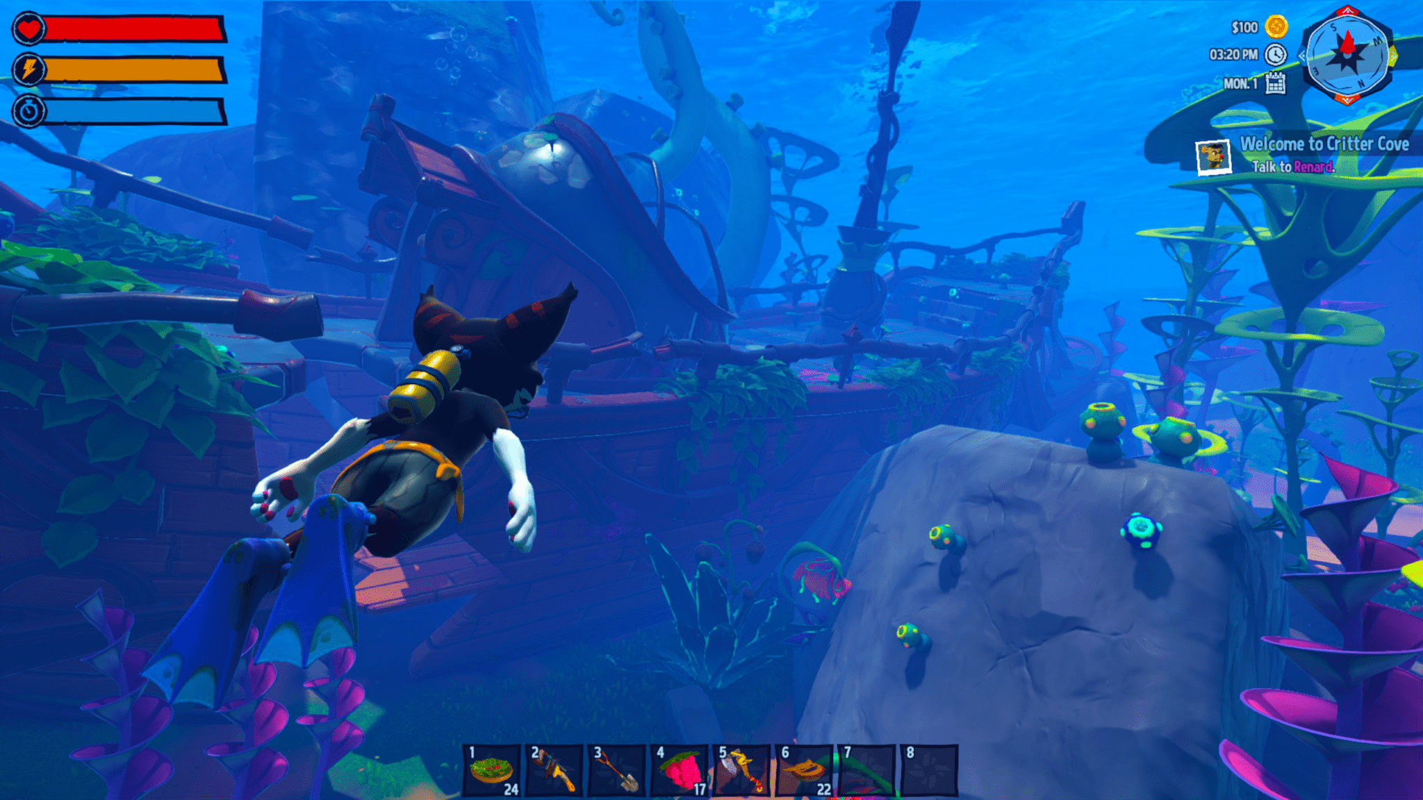 critter cove main character diving at a wreck