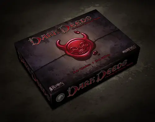 dark deeds game box with a wax seal that looks like a skull and devil ears