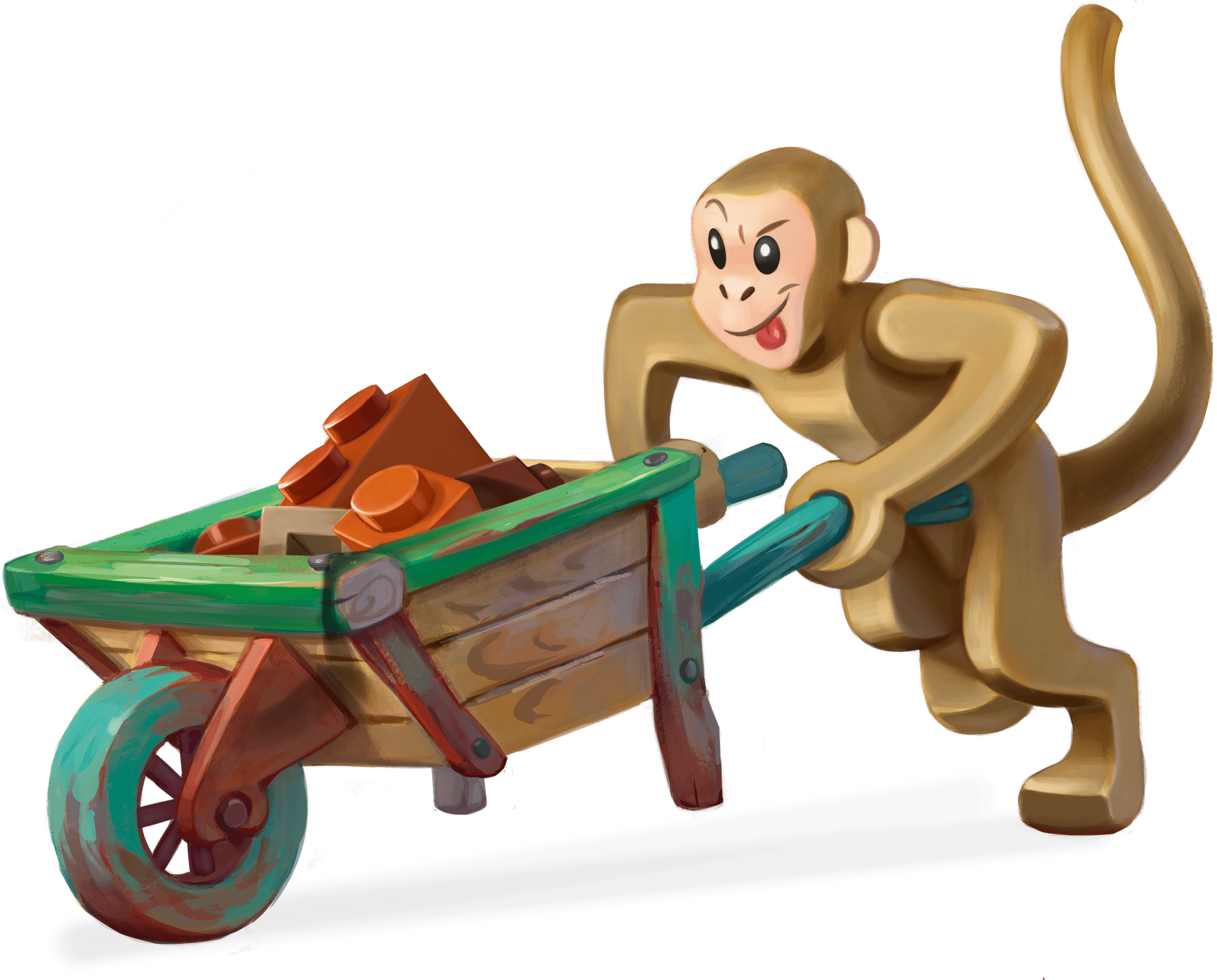 illustration of a monkey carrying bricks in a wheelbarrow