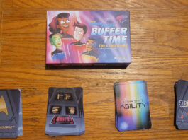 photo of the box for 'Star Trek: Lower Decks: Buffer Time" along with four stacks of cards (Assignment, Shift, Alpha Shift Ability, Side Project"