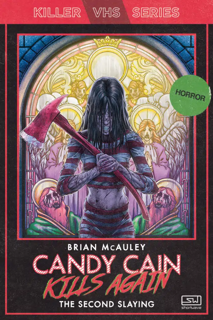 Candy Cain stands in front of a stained-glass window holding an axe