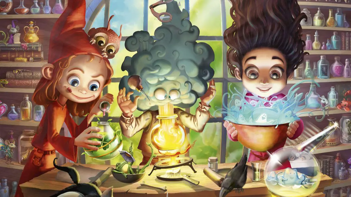 cover art of the 'little alchemists' board game. three children mix potions with varying results.