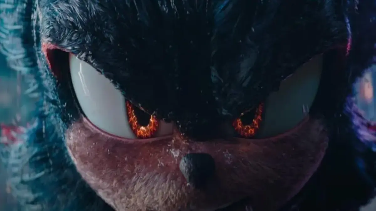 A close up shot of Shadow the Hedgehog, with his eyes turning red, looking very intense.