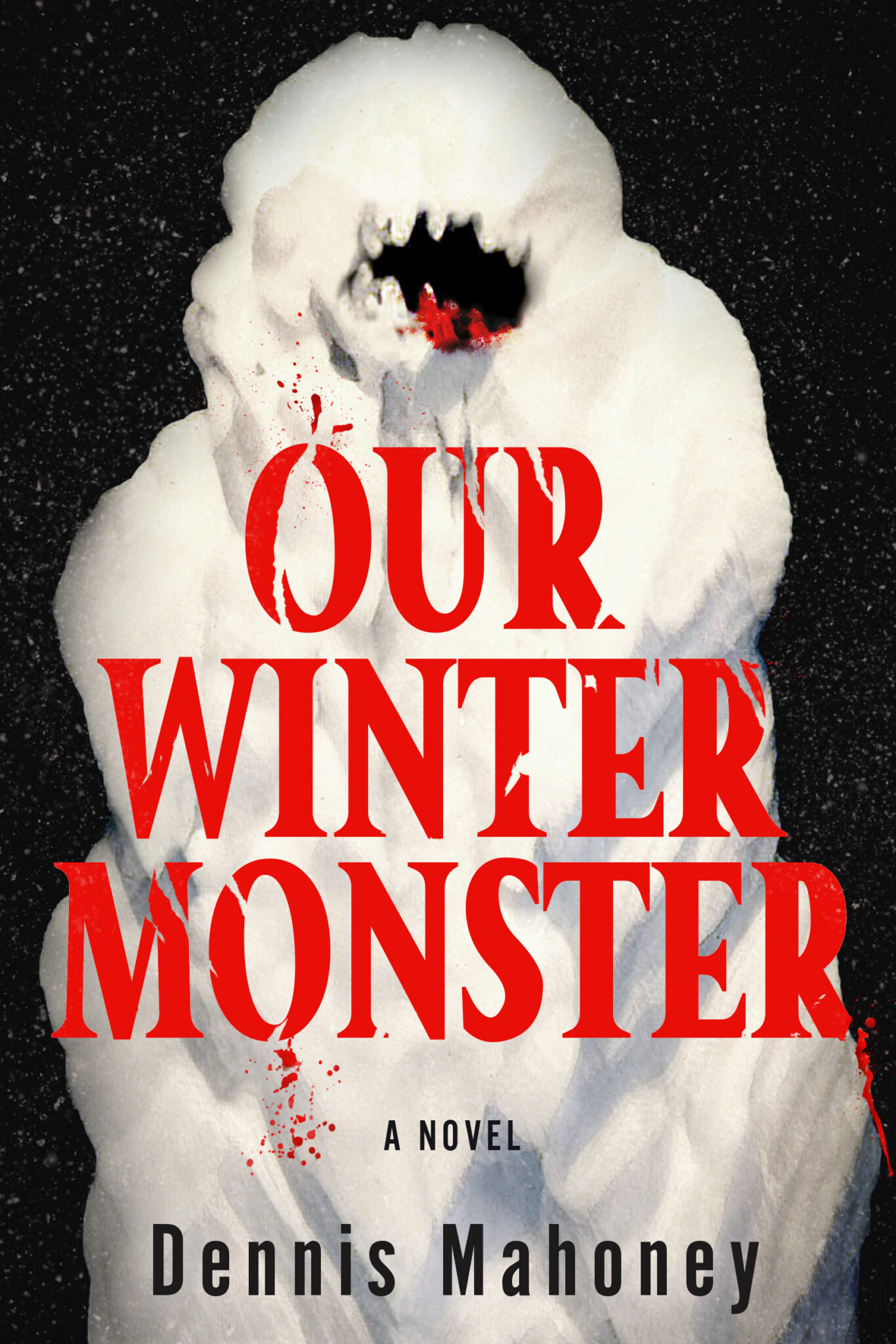 Snow monster with a bloody mouth against a black background. Our Winter Monster is written over the monster