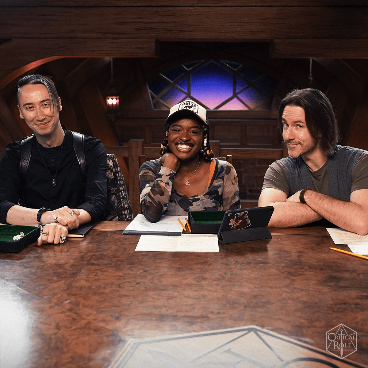 Celia Rose Gooding at the table with fellow party members Alex Don and Matt Mercer